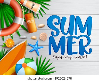 Summer vector banner background. Summer text in wood texture with tropical elements like lifebuoy, sunscreen and beachball for outdoor holiday season vacation. Vector illustration