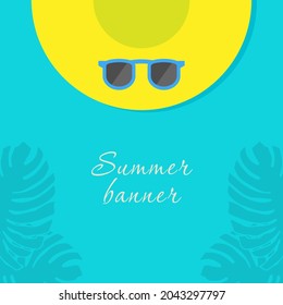 Summer vector banner basis background with beach hat, goggles and exotic leaves