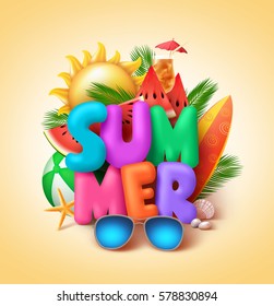 Summer vector banner design with 3d colorful summer text and beach elements like watermelons and sunglasses in yellow background. Vector illustration.
