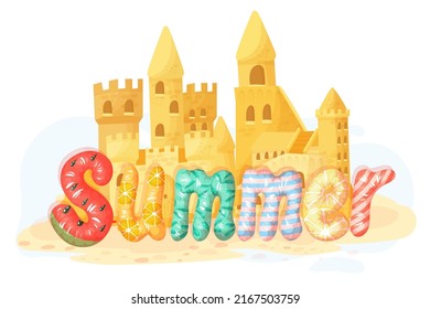 Summer vector banner design with colorful beach elements isolated on white background. Inflated air letters. Sand castles. Vector illustration.