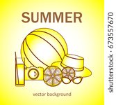 Summer vector banner design concept with summer elements. 
Hat, camera, ball, orange, glasses, glass with juice. Vector illustration.