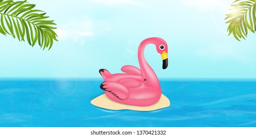 Summer vector banner design concept with pink Flamingo pool float, tropical palm leaves,  bright sun and ocean. Summer vacation holiday, traveling, tropical beach and sea. Vector illustration.