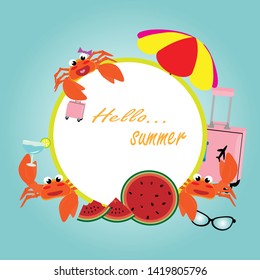 Summer vector banner design concept with summer elements. Umbrella,crab,watermelon. Vector illustration.