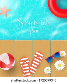 Summer vector banner design concept of 3d beach wood with summer elements and balloons in blue sea background. Vector illustration.