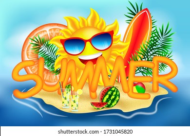 Summer Vektor Banner Design Konzept von 3D-Text in Strand Insel mit Sommerelementen. farbenfrohe tropische Strandelemente im blauen Hintergrund während der Sommersaison