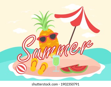 Summer vector banner design concept of 2d text in beach island