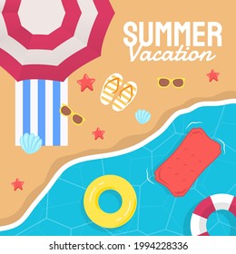 Diseño de pancartas vectoriales de verano en la playa con elementos de verano. Ilustración vectorial.