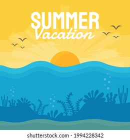 Diseño de pancartas vectoriales de verano en la playa con elementos de verano. Ilustración vectorial.