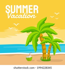 Summer vector banner design concept on the beach with summer elements. Vector illustration.