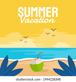 Sommervektorbanner Design Konzept am Strand mit Sommerelementen. Vektorgrafik.