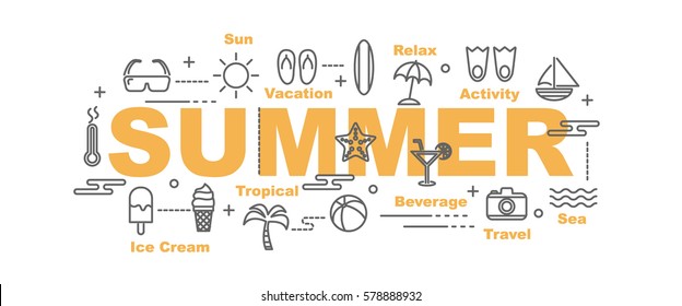 summer vector banner design concept, flat style with thin line art icons on white background
