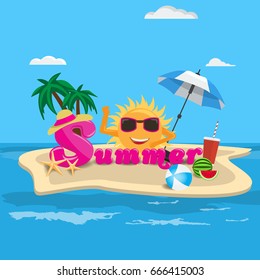 Summer vector banner design concept with summer cartoon calligraphy and beach island. Vector illustration.