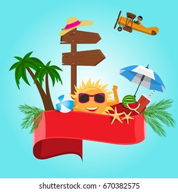 Summer vector banner design concept with Red empty ribbon for your text. Vector illustration.
