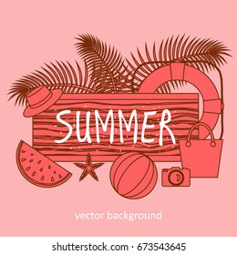 Summer vector banner design concept with summer elements. 
Bag, camera, life ring, watermelon, starfish, ball, hat. Vector illustration.