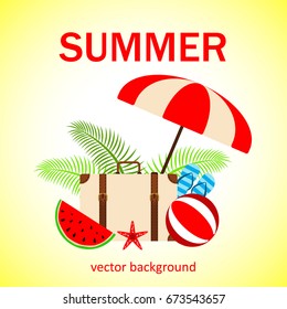 Summer vector banner design concept with summer elements. Umbrella, starfish, ball, suitcase, slippers, watermelon. Vector illustration.