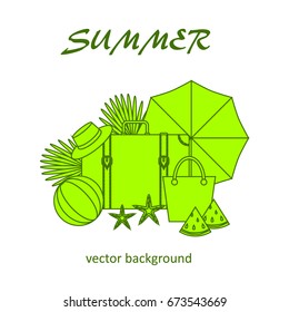 Summer vector banner design concept with summer elements. Umbrella, bag, watermelon, starfish, ball, suitcase, hat. Vector illustration.