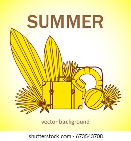 Summer vector banner design concept with summer elements. Surfboard, life ring, starfish, ball, suitcase, hat. Vector illustration.