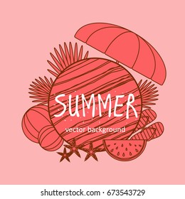 Summer vector banner design concept with summer elements. Umbrella, starfish, ball, slippers, watermelon. Vector illustration.