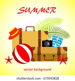 Summer vector banner design concept with summer elements. 
Camera, flip-flops, starfish, ball, suitcase, hat.  Vector illustration.