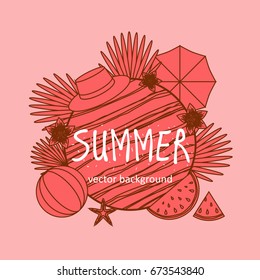 Summer vector banner design concept with summer elements. 
Umbrella, watermelon, starfish, ball, hat. Vector illustration.
