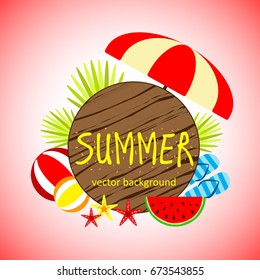 Summer vector banner design concept with summer elements. Umbrella, starfish, ball, slippers, watermelon. Vector illustration.