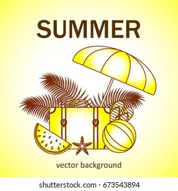 Summer vector banner design concept with summer elements. 
Umbrella, starfish, ball, suitcase, slippers, watermelon. Vector illustration.