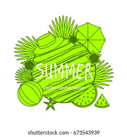 Summer vector banner design concept with summer elements. 
Umbrella, watermelon, starfish, ball, hat. Vector illustration.