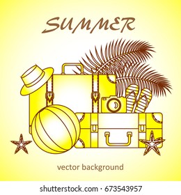 Summer vector banner design concept with summer elements. 
Camera, flip-flops, starfish, ball, suitcase, hat. Vector illustration.