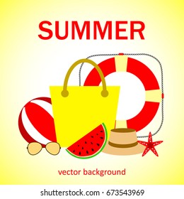 Summer vector banner design concept with summer elements. Bag, life ring, watermelon, starfish, ball, hat, glasses. Vector illustration.
