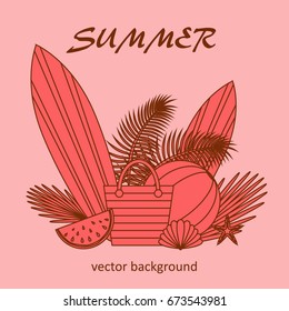 Summer vector banner design concept with summer elements. 
Bag, surfboard, umbrella, watermelon, starfish, ball. Vector illustration.