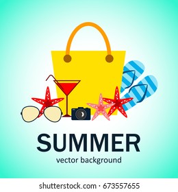 Summer vector banner design concept with summer elements. 
Bag, camera, flip-flops, starfish, glasses, cocktail glass. Vector illustration.