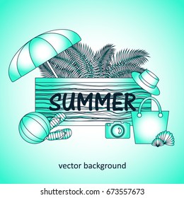 Summer vector banner design concept with summer elements. 
Umbrella, slippers, ball, bag, camera, hat. Vector illustration.