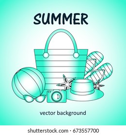 Summer vector banner design concept with summer elements. Bag, slippers, ball, starfish, camera, hat, glasses. Vector illustration.