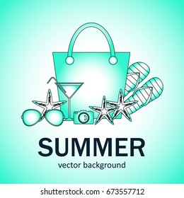 Summer vector banner design concept with summer elements. 
Bag, camera, flip-flops, starfish, glasses, cocktail glass. Vector illustration.