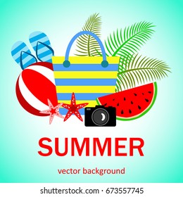 Summer vector banner design concept with summer elements. 
Bag, flip-flops, ball, starfish, camera, watermelon. Vector illustration.