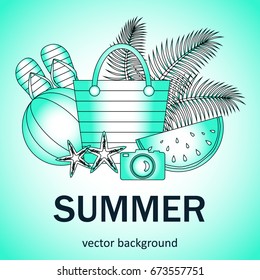 Summer vector banner design concept with summer elements. 
Bag, flip-flops, ball, starfish, camera, watermelon. Vector illustration.