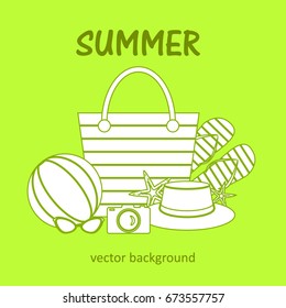 Summer vector banner design concept with summer elements. Bag, slippers, ball, starfish, camera, hat, glasses. Vector illustration.