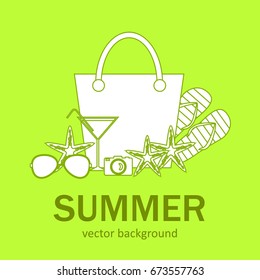 Summer vector banner design concept with summer elements. 
Bag, camera, flip-flops, starfish, glasses, cocktail glass. Vector illustration.