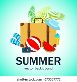 Summer vector banner design concept with summer elements. 
Suitcase, camera, slippers, watermelon, ice cream, hat, ball. Vector illustration.