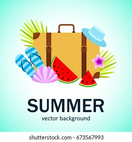 Summer vector banner design concept with summer elements. 
Hat, slippers, watermelon, suitcase. Vector illustration.
