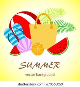 Summer vector banner design concept with summer elements. 
Bag, slippers, ball, camera, orange, watermelon. Vector illustration.