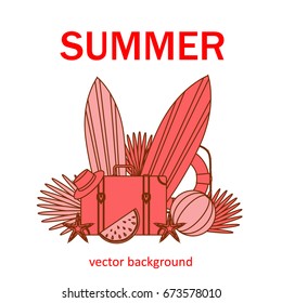 Summer vector banner design concept with summer elements. 
Surfboard, suitcase, hat, ball, life ring, starfish, watermelon. Vector illustration.