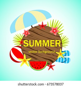 Summer vector banner design concept with summer elements. Umbrella, ball, flip-flops, starfish, watermelon. Vector illustration.
