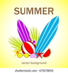 Summer vector banner design concept with summer elements. 
Surfboard, ball, glasses, starfish, watermelon. Vector illustration.