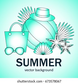 Summer vector banner design concept with summer elements. Hat, ball, bag, glasses, starfish, watermelon. Vector illustration.
