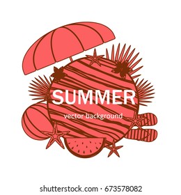 Summer vector banner design concept with summer elements. Umbrella, ball, flip-flops, starfish, watermelon. Vector illustration.
