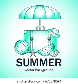 Summer vector banner design concept with summer elements. 
Umbrella, suitcase, hat, ball, starfish, watermelon. Vector illustration.