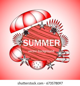 Summer vector banner design concept with summer elements. Umbrella, ball, flip-flops, starfish, watermelon. Vector illustration.