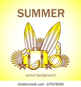 Summer vector banner design concept with summer elements. 
Surfboard, suitcase, hat, ball, life ring, starfish, watermelon. Vector illustration.