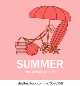 Summer vector banner design concept with summer elements. 
Surfboard, bag, umbrella, hat, ball, flip-flops, chaise longue, starfish. Vector illustration.